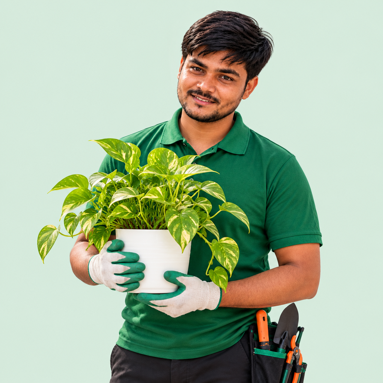 Smiling QuickPlant gardener with a variegated pothos plant